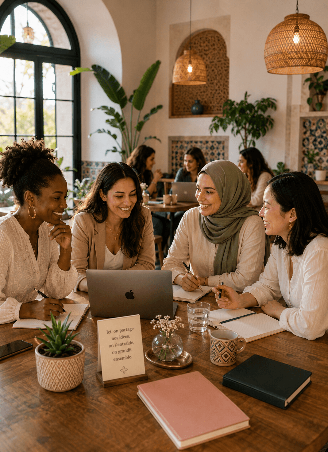 Groupe de femmes qui échangent autour d'un ordinateur dans un café