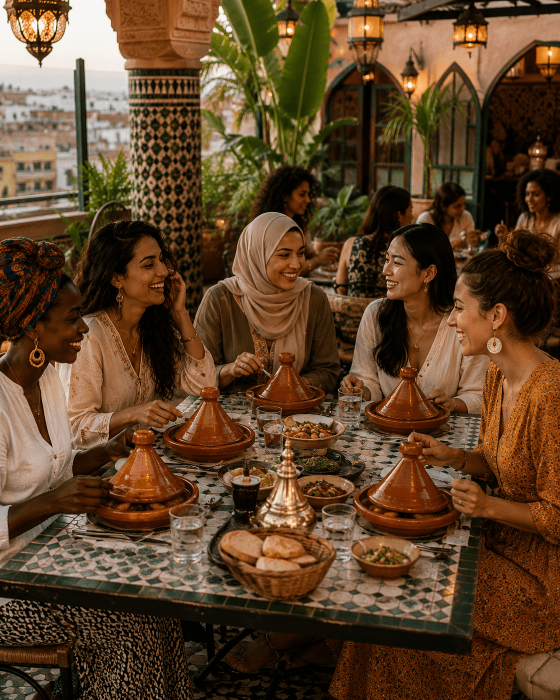 Femmes réunies autour d'un repas marocain