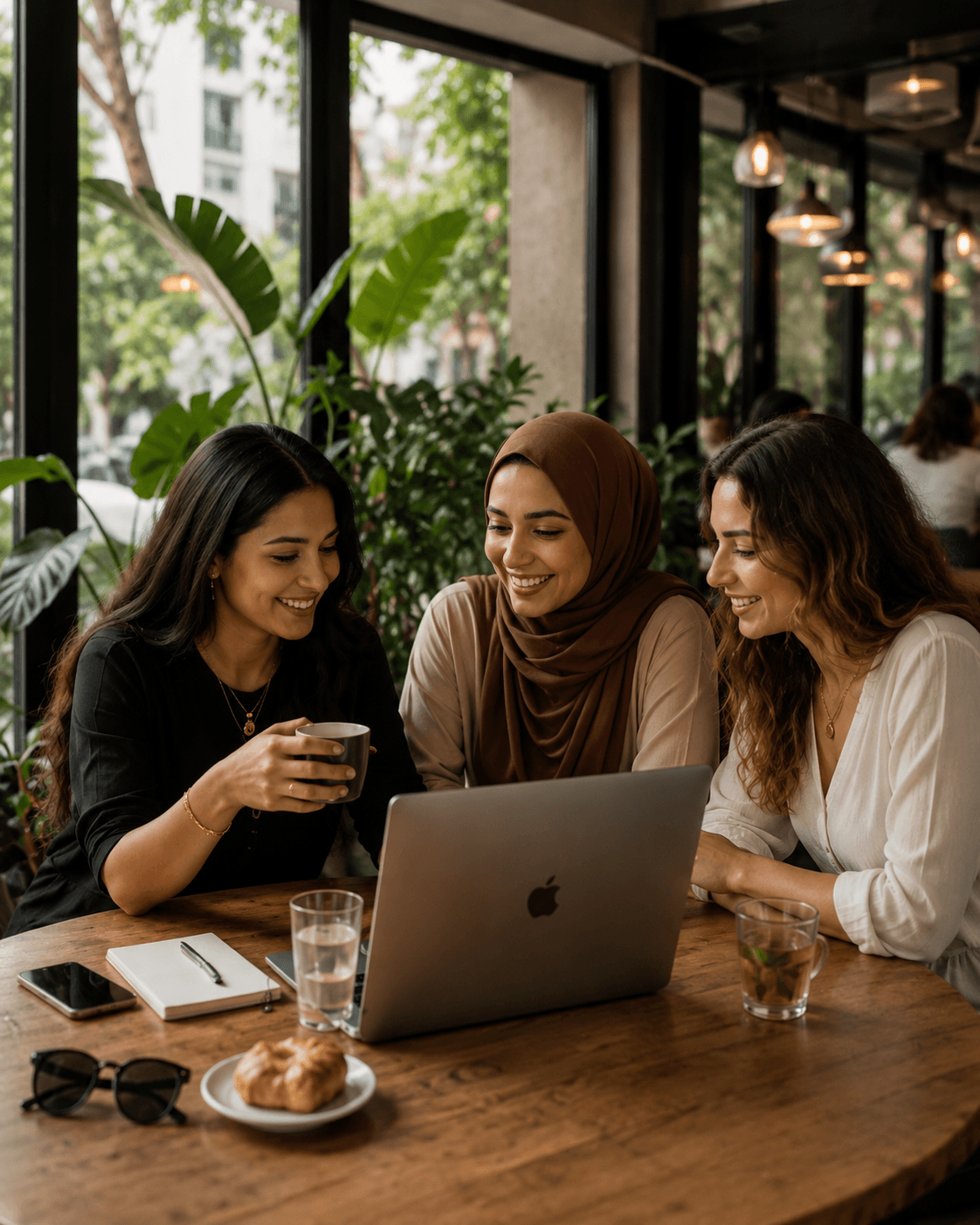 Femmes réunies autour d'un ordinateur dans un café